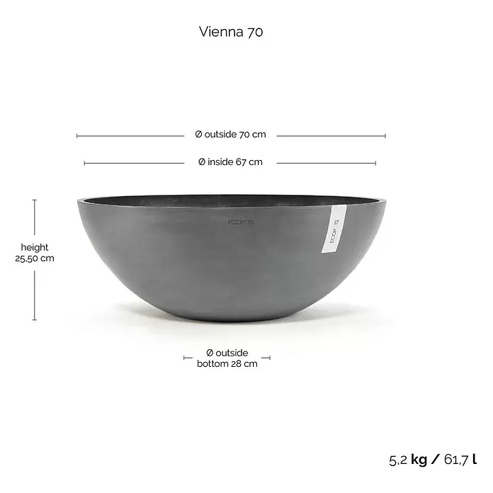Ecopots Pflanzschale rund Vienna - Außenmaß (Ø x H): 70 x 25,3 cm, Grau - Vienna 70 dunkelgrauer Schalenpflanzkübel mit Maßen.