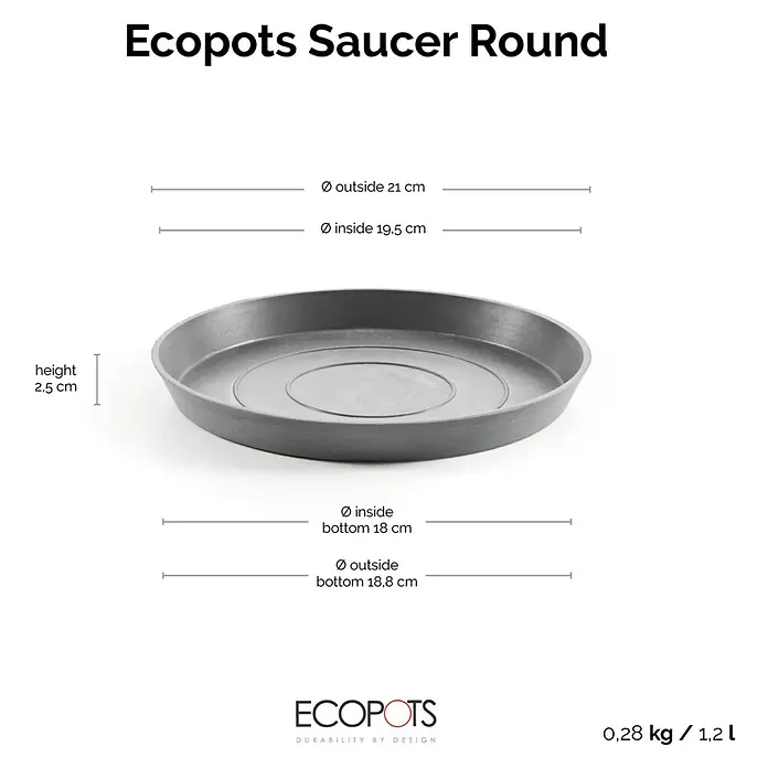 Ecopots Amsterdam Blumentopf-Untersetzer - Außenmaß (Ø x H): 19,5 x 2,5 cm, Kunststoff, Grau - Abbildung eines grauen, runden Ecopots Untersetzers mit den Maßen Höhe 2,5 cm, Außendurchmesser 21 cm und Innendurchmesser 19,5 cm.