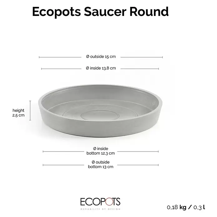 Ecopots Amsterdam Blumentopf-Untersetzer - Außenmaß (Ø x H): 13,8 x 2,5 cm, Kunststoff, Weiß Grau - Helle graue runde Ecopots Untertasse mit Maßen. Robustes, umweltfreundliches Pflanzenzubehör.