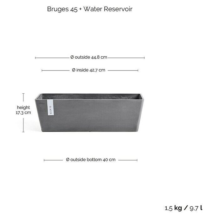 Ecopots Bruges Pflanzkasten mit Wasserreservoir (Außenmaß (L x B x H): 45 x 17 x 17 cm, Kunststoff, Grau) | BAUHAUS