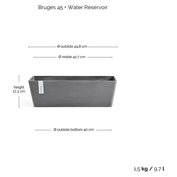 Ecopots Bruges Pflanzkasten mit Wasserreservoir - Außenmaß (L x B x H): 44,8 x 17 x 17,3 cm, Kunststoff, Grau - Grauer rechteckiger Pflanzkübel mit integriertem Wasserreservoir, mit Maßen.