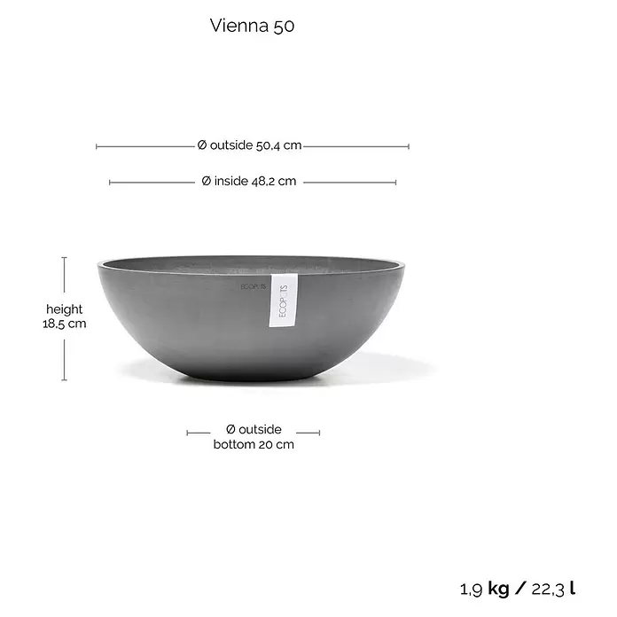 Ecopots Pflanzschale rund Vienna - Außenmaß (Ø x H): 50,4 x 18,5 cm, Grau - Grauer, schalenförmiger ECOPOTS Pflanztopf mit Maßen und Fassungsvermögen.