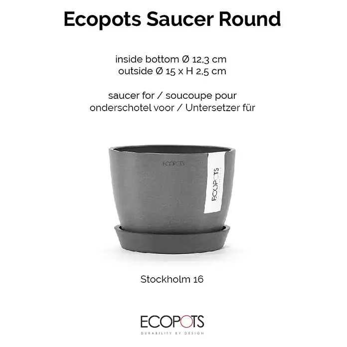 Ecopots Amsterdam Blumentopf-Untersetzer - Außenmaß (Ø x H): 15 x 2,5 cm, Kunststoff, Grau - Texturierte dunkelgraue Ecopots runde Untertasse für einen Topf. Außen Ø 15 cm, H 2,5 cm.