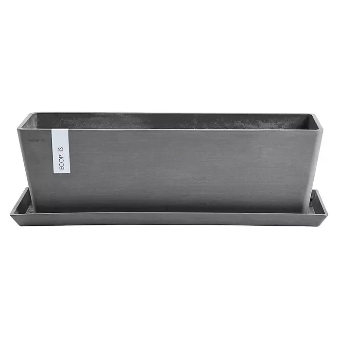 Ecopots Bruges Pflanzkasten mit Wasserreservoir - Außenmaß (L x B x H): 44,8 x 17 x 17,3 cm, Kunststoff, Grau - Grauer, rechteckiger ECOPOTS Pflanzkübel mit passendem Untersetzer.