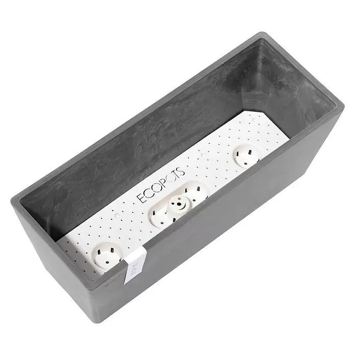 Ecopots Bruges Pflanzkasten mit Wasserreservoir - Außenmaß (L x B x H): 44,8 x 17 x 17,3 cm, Kunststoff, Grau - Anthrazitfarbener rechteckiger Pflanzkasten mit weißem ECOPOTS Selbstbewässerungseinsatz.