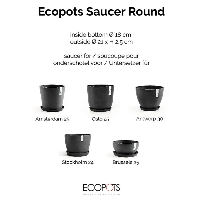 Ecopots Amsterdam Blumentopf-Untersetzer (Außenmaß (Ø x H): 19,5 x 2,5 cm, Kunststoff, Dunkelgrau) | BAUHAUS