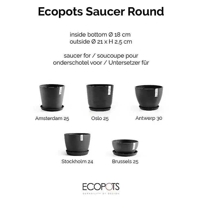 Ecopots Amsterdam Blumentopf-Untersetzer - Außenmaß (Ø x H): 19,5 x 2,5 cm, Kunststoff, Dunkelgrau - Ecopots runder Untersetzer in Dunkelgrau, abgebildet mit kompatiblen Übertöpfen.