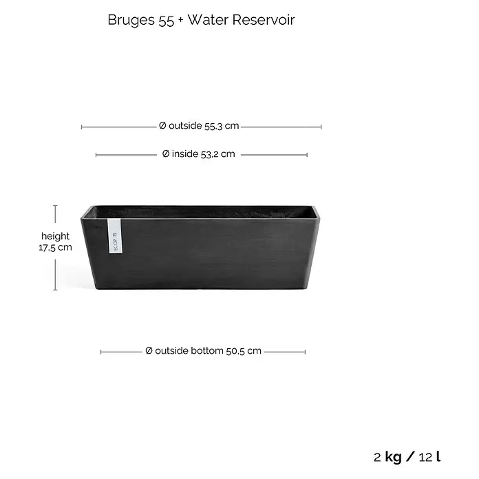 Ecopots Bruges Pflanzkasten mit Wasserreservoir - Außenmaß (L x B x H): 55,3 x 16,5 x 17,5 cm, Kunststoff, Dunkelgrau - Dunkelgrauer rechteckiger Pflanzkasten mit Wasserreservoir, Maßen und 12 Liter Fassungsvermögen.