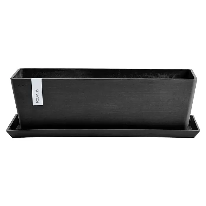 Ecopots Bruges Pflanzkasten mit Wasserreservoir - Außenmaß (L x B x H): 44,8 x 17 x 17,3 cm, Kunststoff, Dunkelgrau - Dunkelgrauer rechteckiger Blumentopf mit passendem Untersetzer und ECOPOTS-Etikett.