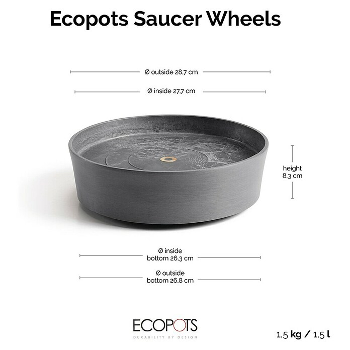 Ecopots Amsterdam Blumentopf-Untersetzer mit Rollen (Außenmaß (Ø x H): 28,7 x 8,3 cm, Kunststoff, Grau) | BAUHAUS