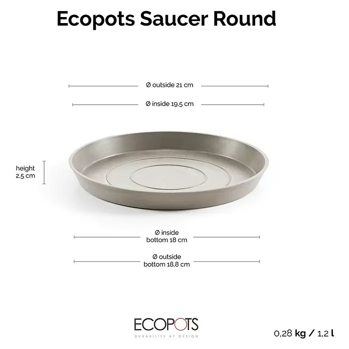 Ecopots Amsterdam Blumentopf-Untersetzer - Außenmaß (Ø x H): 19,5 x 2,5 cm, Kunststoff, Braungrau - Runder, grauer Ecopots Untersetzer für Blumentöpfe.