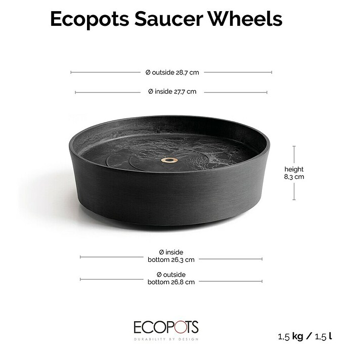 Ecopots Amsterdam Blumentopf-Untersetzer mit Rollen (Außenmaß (Ø x H): 28,7 x 8,3 cm, Kunststoff, Dunkelgrau) | BAUHAUS