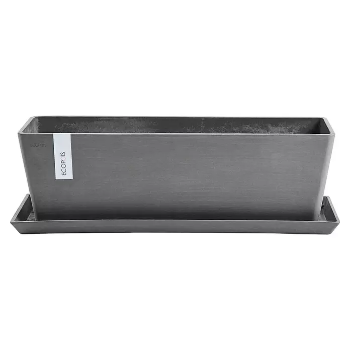 Ecopots Bruges Pflanzkasten mit Wasserreservoir - Außenmaß (L x B x H): 55,3 x 16,5 x 17,5 cm, Kunststoff, Grau - Grauer, rechteckiger Pflanzkübel mit passender Untertasse.