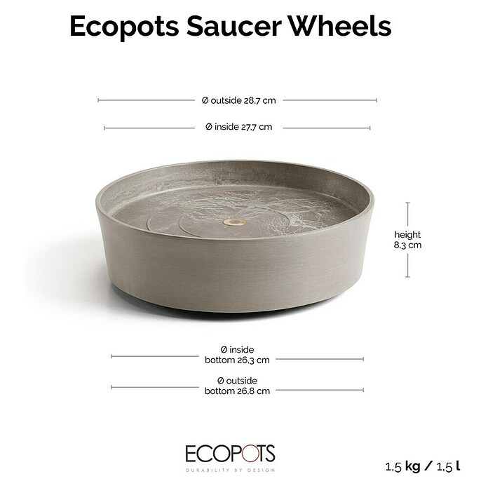 Ecopots Amsterdam Blumentopf-Untersetzer mit Rollen (Außenmaß (Ø x H): 28,7 x 8,3 cm, Kunststoff, Taupe) | BAUHAUS