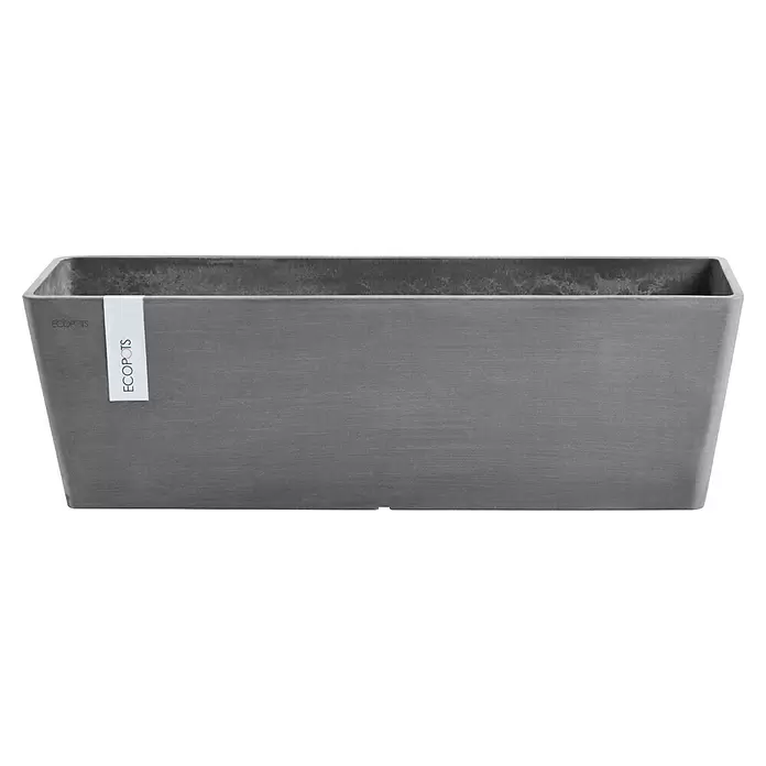 Ecopots Bruges Pflanzkasten mit Wasserreservoir - Außenmaß (L x B x H): 44,8 x 17 x 17,3 cm, Kunststoff, Grau - Grauer rechteckiger Pflanzkübel aus recycelten Materialien, mit ECOPOTS Etikett.