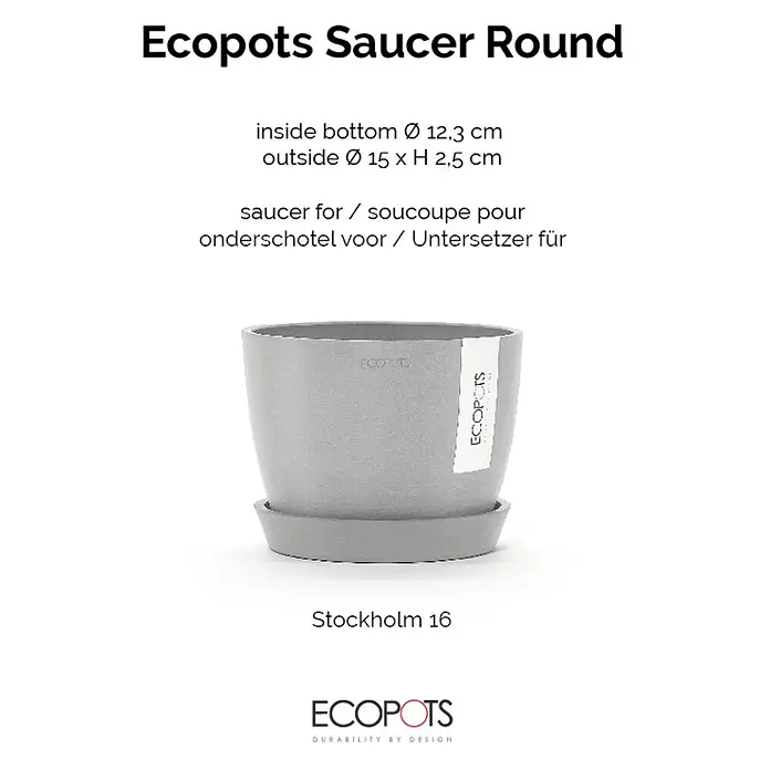 Ecopots Amsterdam Blumentopf-Untersetzer - Außenmaß (Ø x H): 13,8 x 2,5 cm, Kunststoff, Weiß Grau - Hellgrauer runder Ecopots Untersetzer für einen Blumentopf, mit passendem Topf gezeigt.