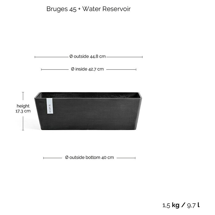 Ecopots Bruges Pflanzkasten mit Wasserreservoir (Außenmaß (L x B x H): 45 x 17 x 17 cm, Kunststoff, Dunkelgrau) | BAUHAUS