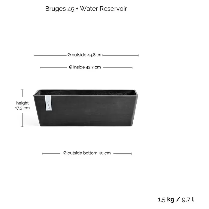 Ecopots Bruges Pflanzkasten mit Wasserreservoir - Außenmaß (L x B x H): 44,8 x 17 x 17,3 cm, Kunststoff, Dunkelgrau - Dunkelgrauer, strukturierter, rechteckiger ECOPOTS Pflanzkübel mit Wasserspeicher.