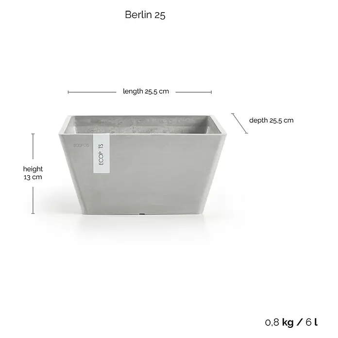 Ecopots Berlin Pflanzschale eckig - Außenmaß (L x B x H): 25,5 x 25,5 x 13 cm, Kunststoff, Weiß Grau - Hellgrauer quadratischer Pflanztopf, 25,5 cm lang und tief, 13 cm hoch, 6 L Volumen.
