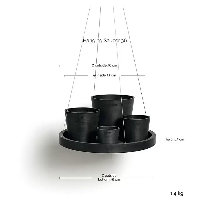 Ecopots Blumenampel - Außenmaß (Ø x H): 36 x 3 cm, Kunststoff, Dunkelgrau - Texturierte dunkelgraue Hängeuntertasse mit 36 cm Außendurchmesser, für Pflanzen. Vier kleinere Töpfe stehen darin.