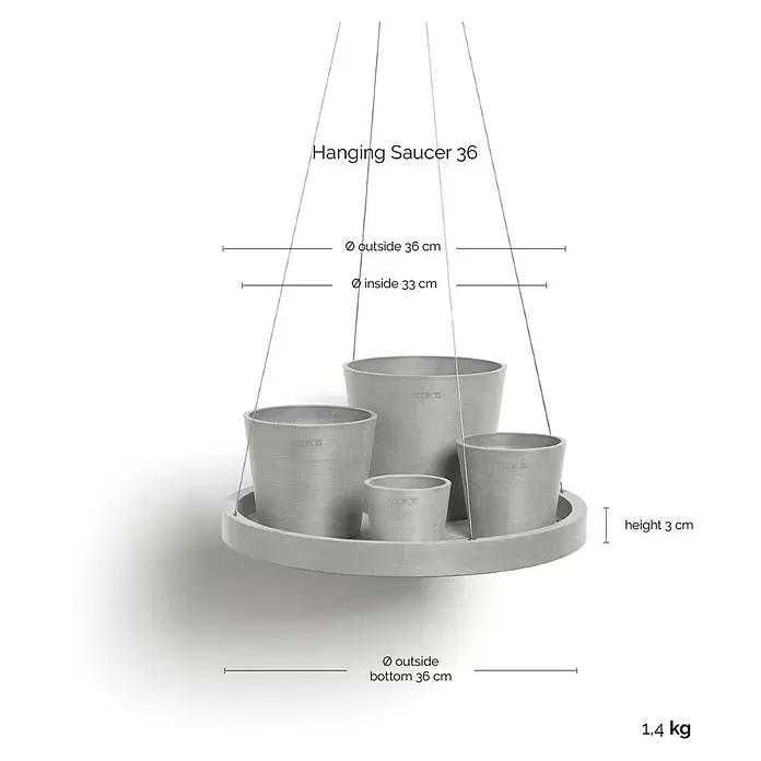 Ecopots Blumenampel - Außenmaß (Ø x H): 36 x 3 cm, Kunststoff, Weiß Grau - Grauer Hängeuntersetzer (36 cm Durchmesser, 3 cm Höhe, 1,4 kg) mit mehreren Töpfen, an Seilen hängend.