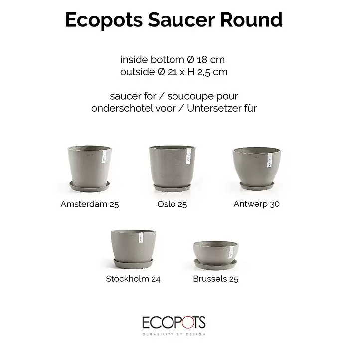 Ecopots Amsterdam Blumentopf-Untersetzer - Außenmaß (Ø x H): 19,5 x 2,5 cm, Kunststoff, Braungrau - Runde graue Ecopots Untertasse mit strukturierter Oberfläche. Maße: innen Ø 18 cm, außen Ø 21 x H 2,5 cm.