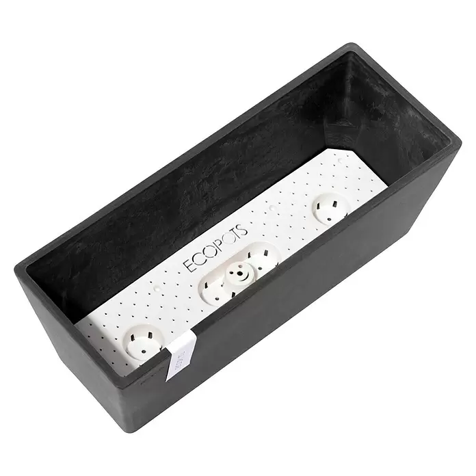 Ecopots Bruges Pflanzkasten mit Wasserreservoir - Außenmaß (L x B x H): 44,8 x 17 x 17,3 cm, Kunststoff, Dunkelgrau - Dunkelgrauer rechteckiger Pflanzkübel mit weißem ECOPOTS Einsatz sowie Drainage- und Bewässerungslöchern.