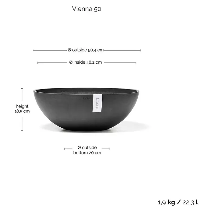 Ecopots Pflanzschale rund Vienna - Außenmaß (Ø x H): 50,4 x 18,5 cm, Dunkelgrau - Dunkelgraue, runde Pflanzschale für Pflanzen, mit Größenangaben.