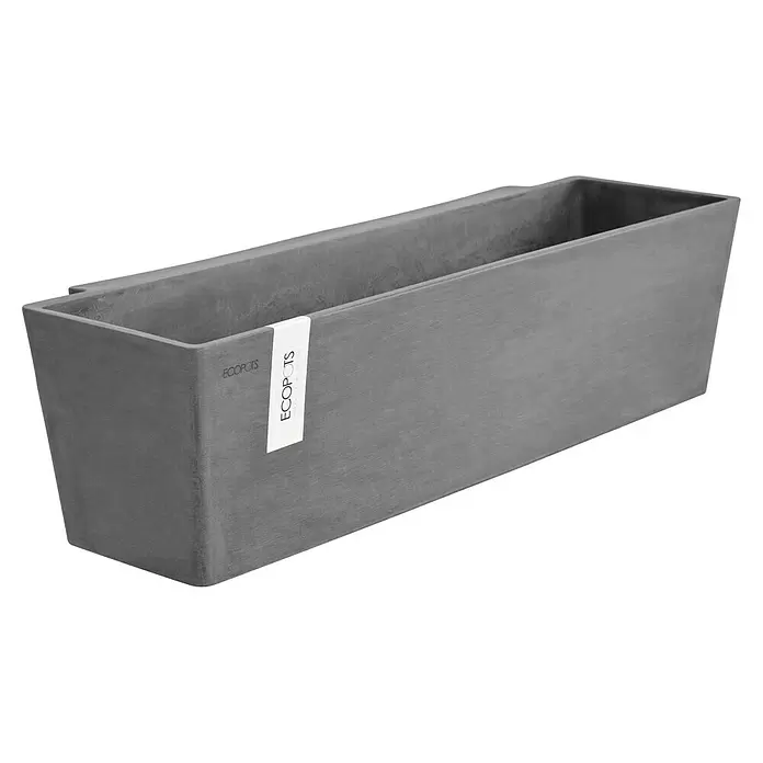 Ecopots Pflanzkasten Manhatten - Außenmaß (L x B x H): 55 x 17,2 x 15,3 cm, Kunststoff, Grau, L - Rechteckiger, dunkelgrauer Pflanzkasten mit texturierter Oberfläche und ECOPOTS-Etikett.