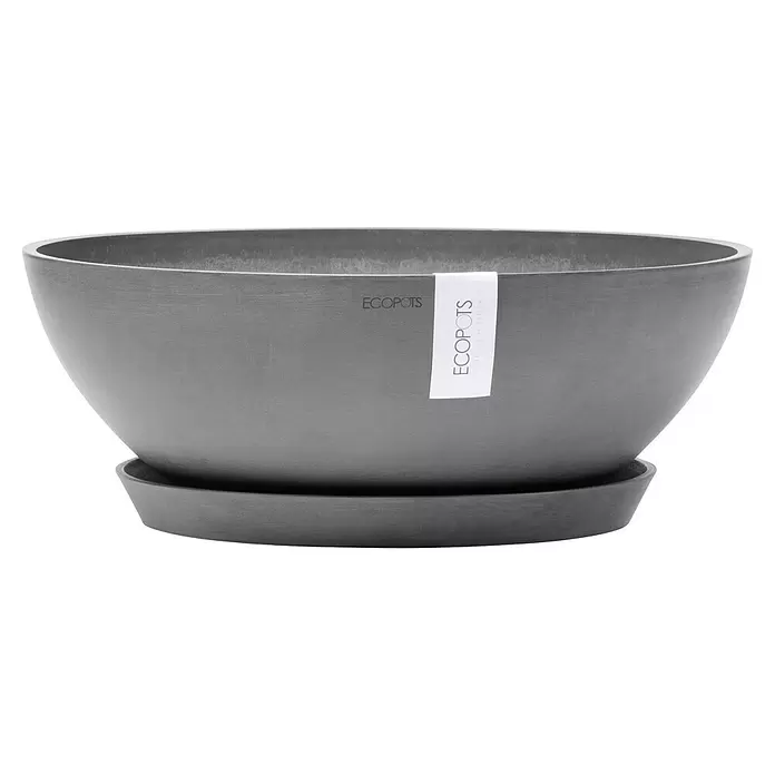 Ecopots Pflanzschale rund Vienna - Außenmaß (Ø x H): 50,4 x 18,5 cm, Grau - Dunkelgrauer ECOPOTS Pflanztopf mit passendem Untersetzer, in schüsselförmigem Design und strukturierter Oberfläche.