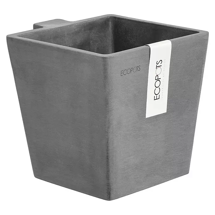 Ecopots Pflanzkasten Manhatten - Außenmaß (L x B x H): 15 x 17,2 x 15 cm, Kunststoff, Grau, S - Grauer quadratischer Pflanzkübel mit strukturierter Oberfläche und "ECOPOTS"-Branding.
