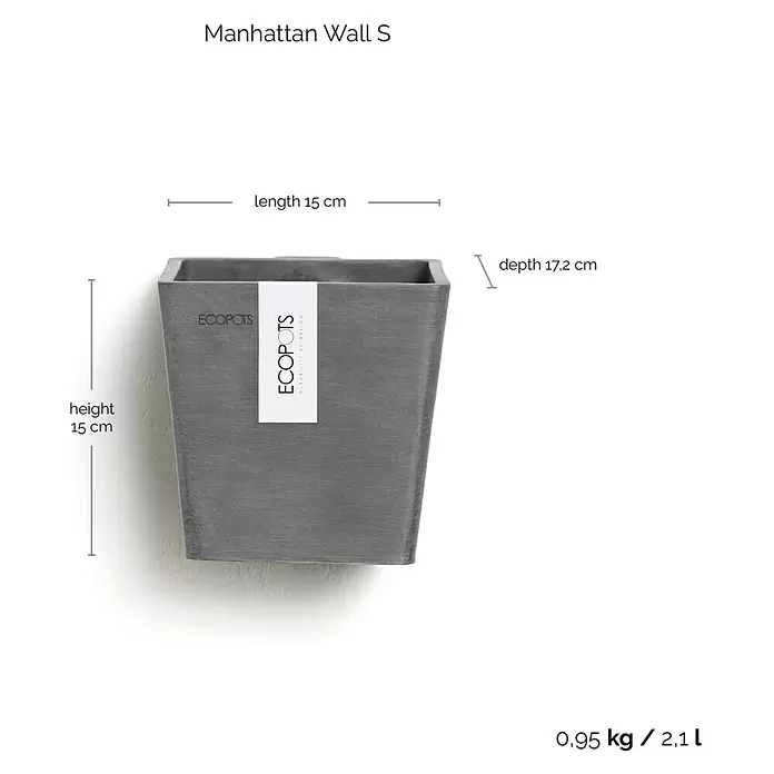 Ecopots Pflanzkasten Manhatten - Außenmaß (L x B x H): 15 x 17,2 x 15 cm, Kunststoff, Grau, S - Grauer, rechteckiger ECOPOTS Manhattan Wall S Wandtopf. Maße: L15cm, H15cm, T17.2cm.