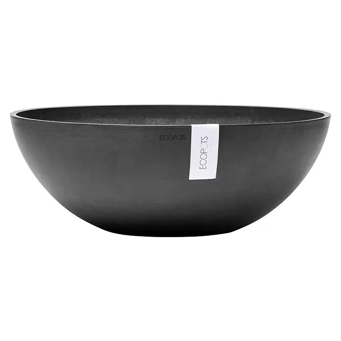 Ecopots Pflanzschale rund Vienna - Außenmaß (Ø x H): 50,4 x 18,5 cm, Dunkelgrau - Dunkelgrauer, runder Pflanztopf in Schalenform mit ECOPOTS-Etikett.