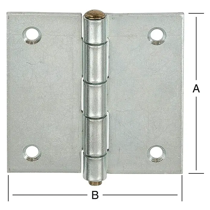 Stabilit Scharnier - L x B: 50 x 50 mm, Verzinkt - Nahaufnahme eines silbernen Türbandes, das mit A und B gekennzeichnet ist, um seine Abmessungen zu zeigen. Perfekt für Holzarbeiten.