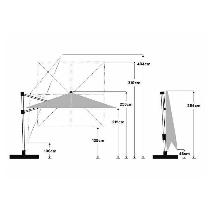Suncomfort Ampelschirm Varioflex Solar - Ecru, Bespannungsmaß (L x B): 300 x 300 cm - Abbildung eines Sonnenschirms mit seitlichem Mast und seinen Abmessungen, einschließlich Höhe und Ausladung.