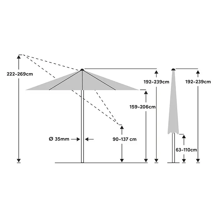 Suncomfort Marktschirm rund Pop Up - Aurora Rot, Durchmesser Bespannung: 250 cm - Produktdetails des Sonnenschirms mit Maßangaben zu Höhe, Durchmesser und weiteren Dimensionen.