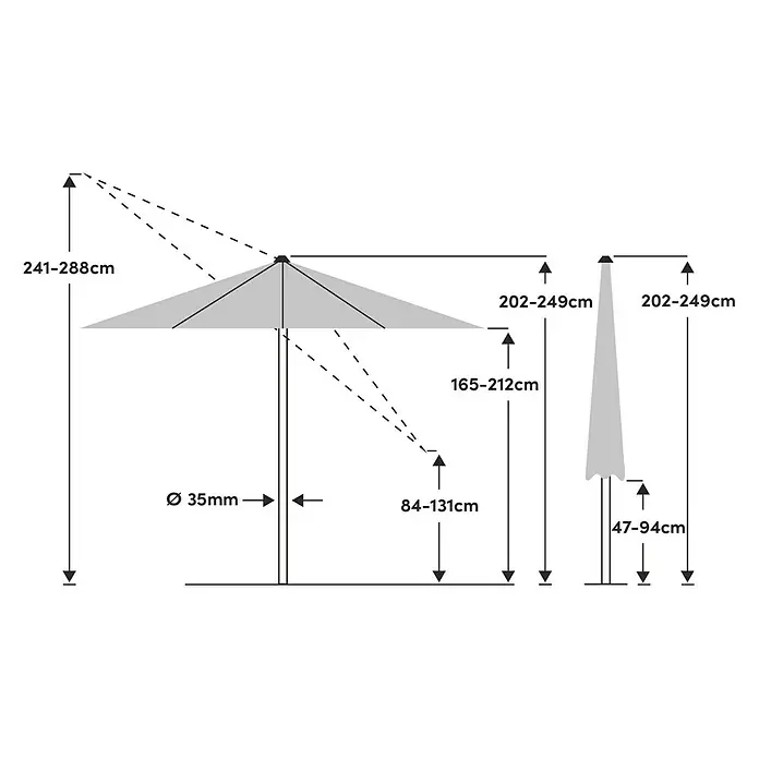 Suncomfort Marktschirm rund Pop Up - Sandweiß, Durchmesser Bespannung: 300 cm - Schematische Darstellung eines Sonnenschirms mit Maßangaben, die verschiedene Höhen und Durchmesser des Schirms zeigen.