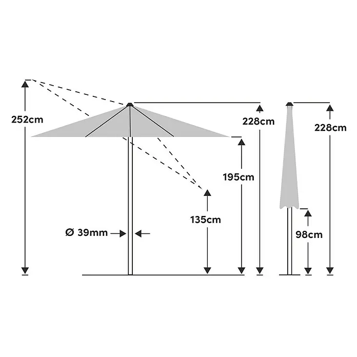 Suncomfort Marktschirm rund Slide - Steingrau, Durchmesser Bespannung: 250 cm - Eine detaillierte Darstellung eines Sonnenschirms mit Maßangaben zu Höhe, Durchmesser und weiteren spezifischen Abmessungen.