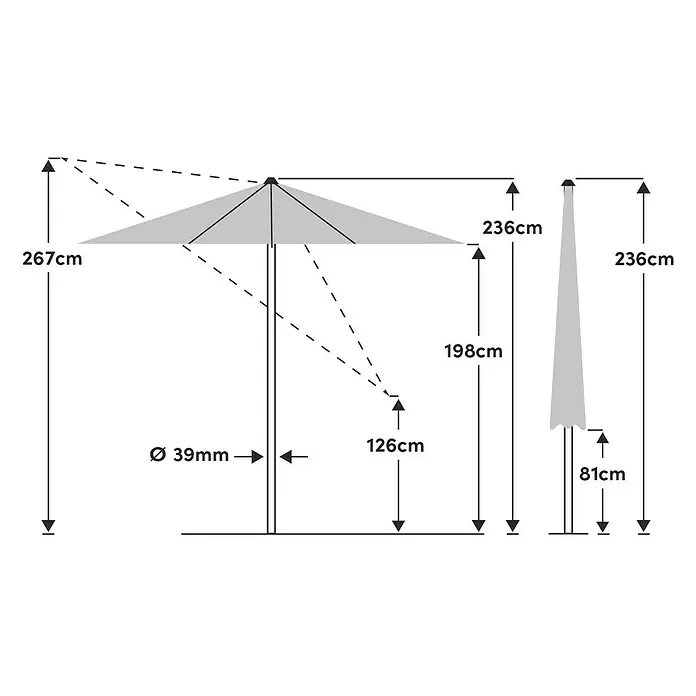 Suncomfort Marktschirm rund Slide - Sandweiß, Durchmesser Bespannung: 300 cm - Technische Zeichnung eines Sonnenschirms mit Maßangaben zu Höhe, Durchmesser und anderen Abmessungen.