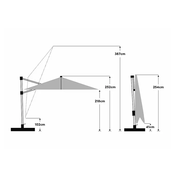 Suncomfort Ampelschirm Sunflex - Light Taupe, Bespannungsmaß (L x B): 300 x 300 cm - Darstellung eines Sonnenschirms mit Maßangaben, die die Höhe und andere Dimensionen des Produkts verdeutlichen.