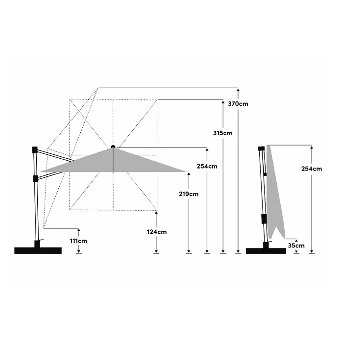 Suncomfort Ampelschirm Varioflex - Hellgrau, Bespannungsmaß (L x B): 330 x 270 cm - Maße des Sonnenschirms mit Seitenmast. Die Höhe beträgt 370 cm und die Ausladung 254 cm. Die Bodenfreiheit beträgt 111cm, wenn er offen ist.