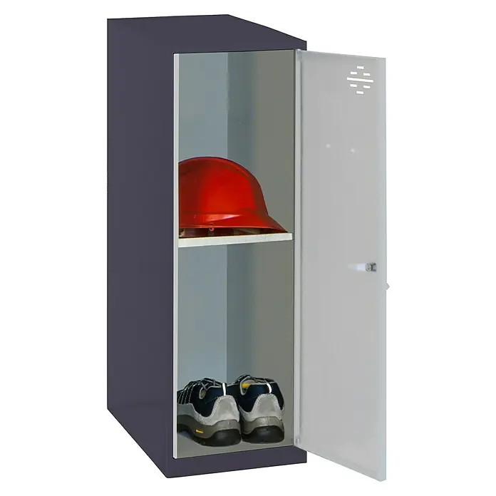 Simonrack Simonlocker Taquilla Mini Desmontada - L x An x Al: 50 x 40 x 91,5 cm, Antracita/Gris, Número de baldas: 1 ud. - Taquilla gris con casco rojo y zapatos.