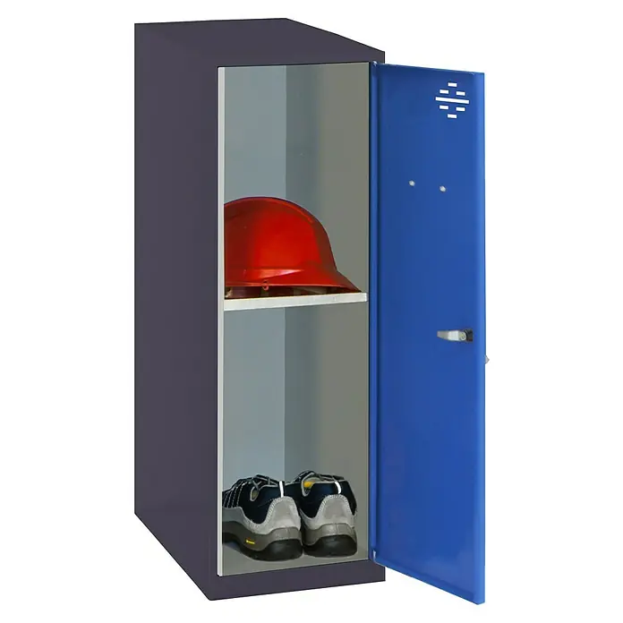 Simonrack Simonlocker Taquilla Mini Desmontada - L x An x Al: 50 x 40 x 91,5 cm, Antracita/Azul, Número de baldas: 1 ud. - Un armario abierto de dos niveles con un casco rojo en el estante superior y zapatos en el estante inferior.