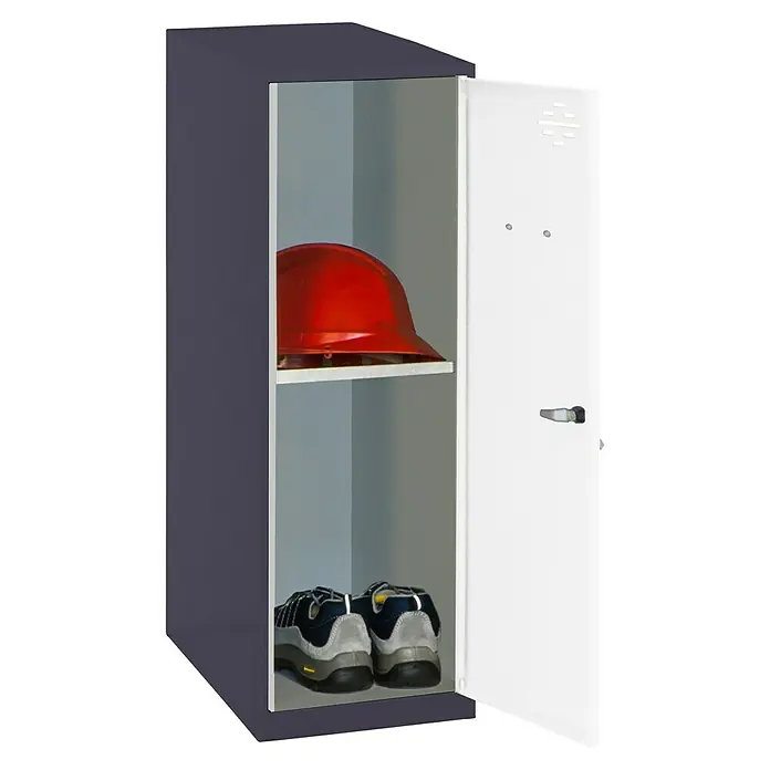 Simonrack Simonlocker Taquilla Mini Desmontada - L x An x Al: 50 x 40 x 91,5 cm, Antracita/Blanco, Número de baldas: 1 ud. - Un casillero azul con un casco de seguridad rojo y un par de zapatos, ideal para lugares de trabajo.