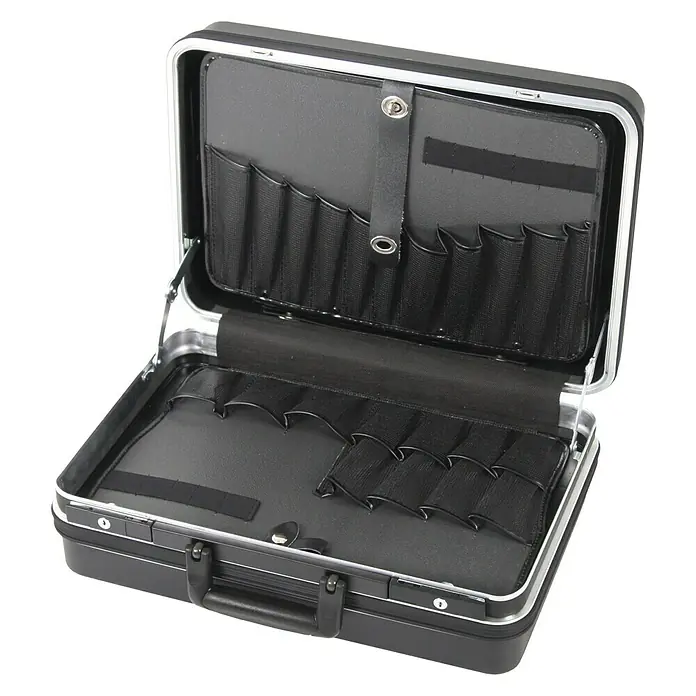 Hepco & Becker Werkzeugkoffer Classic 5122 - L x B: 370 x 490 mm, Höhe: 200 mm, ABS Pro - Offener schwarzer Werkzeugkoffer mit silbernem Rahmen und mehreren Fächern zur Aufbewahrung von Werkzeugen.