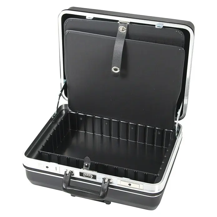 Hepco & Becker Werkzeugkoffer Budget 5075 Trolley - L x B: 430 x 510 mm, Höhe: 240 mm, ABS - Geöffnete schwarze Aktenkoffer mit silbernem Rahmen. Der Koffer besitzt Fächer für eine strukturierte Organisation von Dokumenten und Büromaterialien.