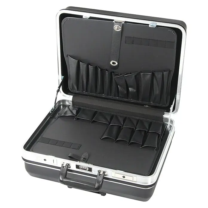 Hepco & Becker Werkzeugkoffer Budget 5075 Trolley - L x B: 430 x 510 mm, Höhe: 240 mm, ABS - Ein offener, schwarzer Werkzeugkoffer mit silbernen Rahmen und praktischen Taschen zur Werkzeugaufbewahrung.