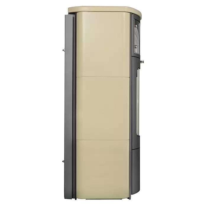 Hark Kaminofen Opera B - 5 kW, Raumheizvermögen: 138 m³, Material Verkleidung: Keramik, Creme - Hoher, beiger und dunkelgrauer Pelletofen mit abgerundeter Oberseite und drei Frontplatten, mit vertikaler Glastür auf der rechten Seite.