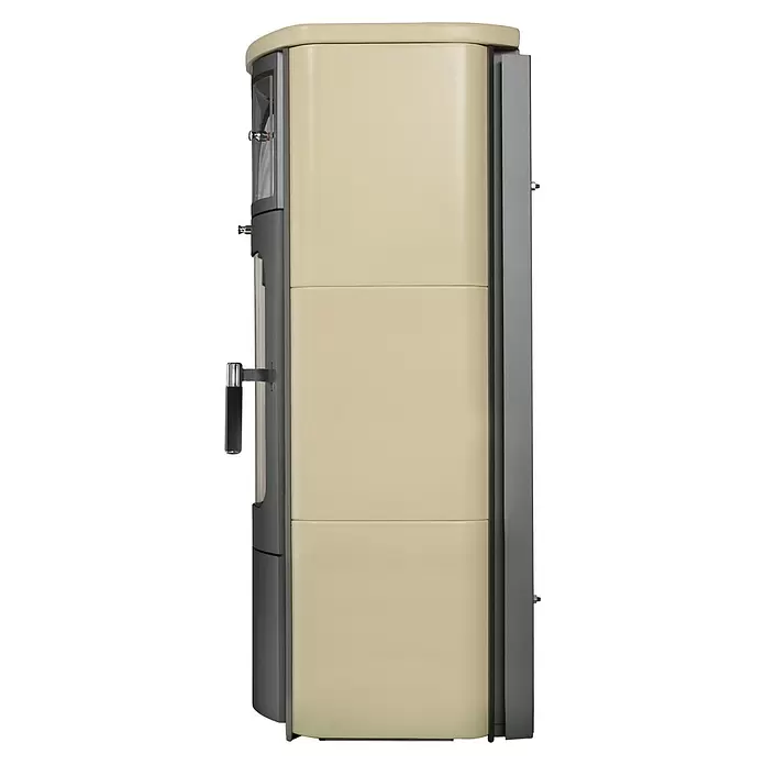 Hark Kaminofen Opera B - 5 kW, Raumheizvermögen: 138 m³, Material Verkleidung: Keramik, Creme - Cremefarbener moderner Ofen/Heizgerät mit dunkelgrauen Akzenten und Griff.