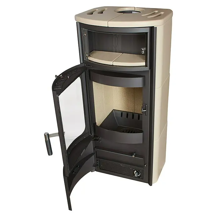 Hark Kaminofen Opera B - 5 kW, Raumheizvermögen: 138 m³, Material Verkleidung: Keramik, Creme - Offener Kaminofen mit Holzfach und Sichtfenster. Der Kaminofen ist in Beige und Schwarz gehalten und bietet eine moderne Heizlösung.